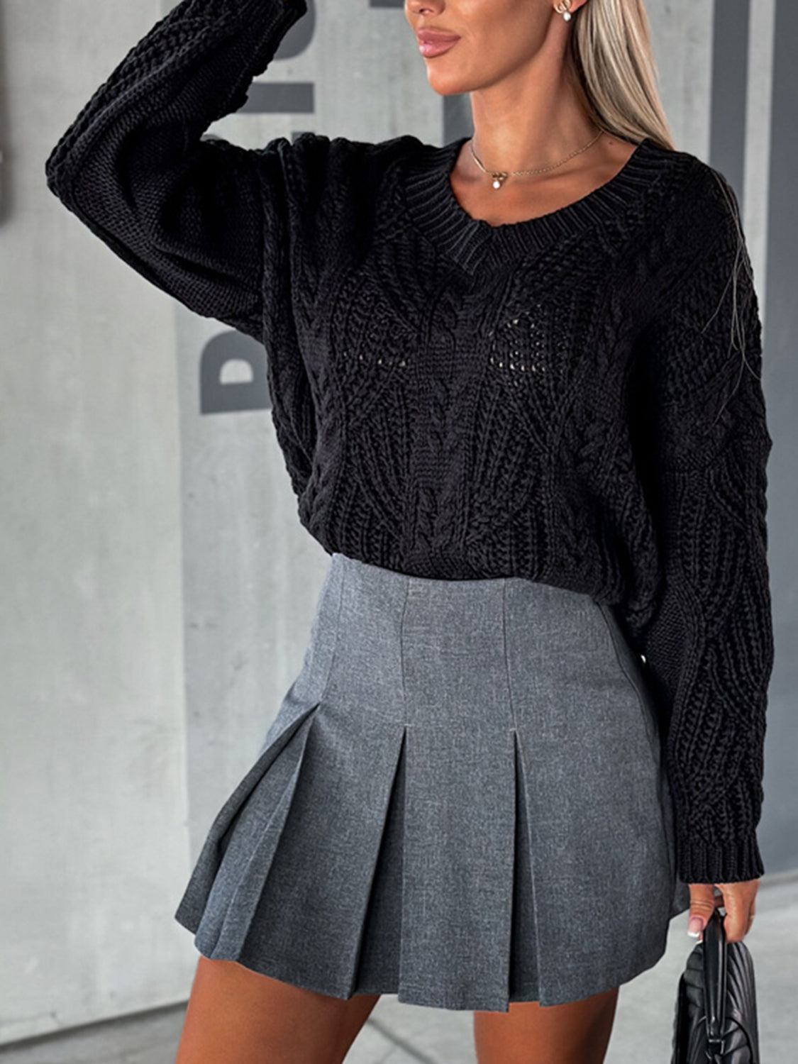 Paris Rousseau — V-Neck Cable-Knit Long Sleeve Sweater, alternate view 7