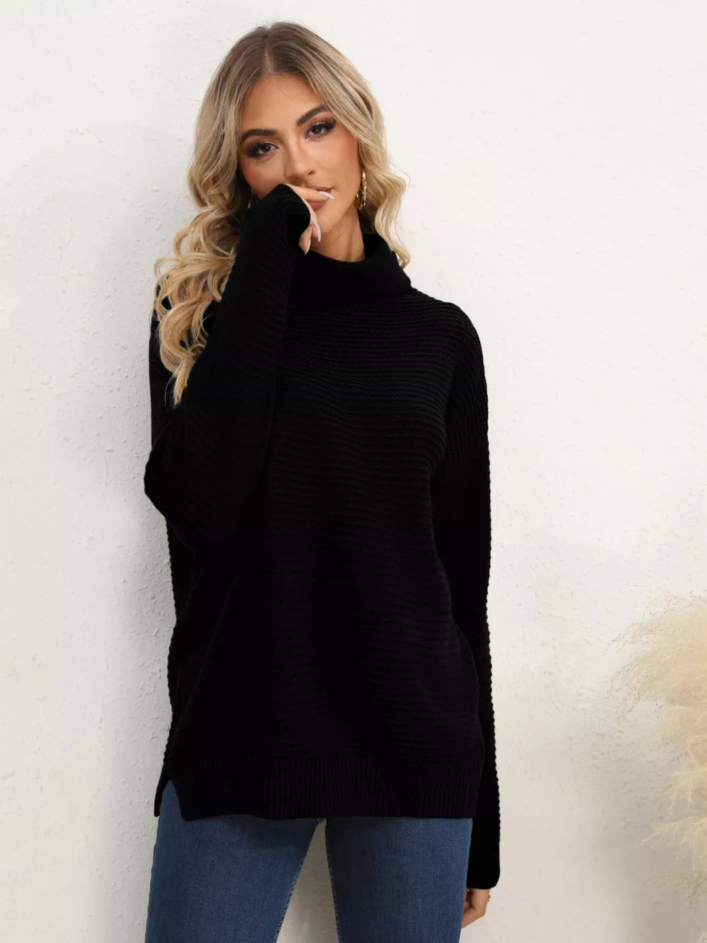 Monroe Fontaine — Slit Turtleneck Dropped Shoulder Sweater, alternate view 33
