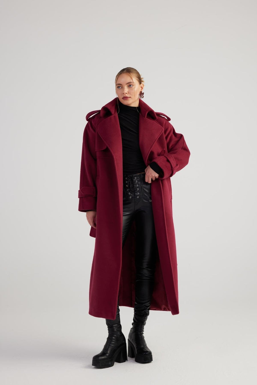 Nora — Burgundy Cashmere Blend Maxi Coat
