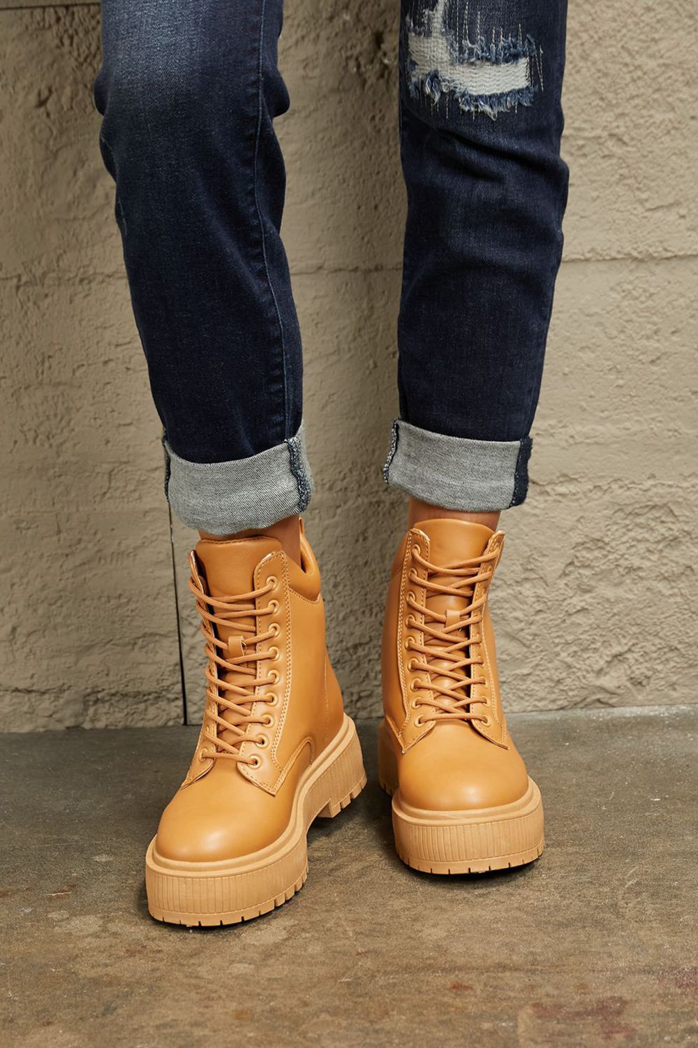 Hollis Saint-Clair — East Lion Corp Platform Combat Boots Caramel Fashion Footwear, alternate view 2