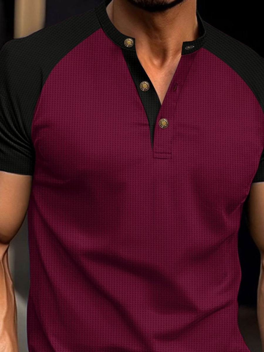 Men's Full Size Waffle-Knit Round Neck Contrast Polo Plus Size - Opulent Empire