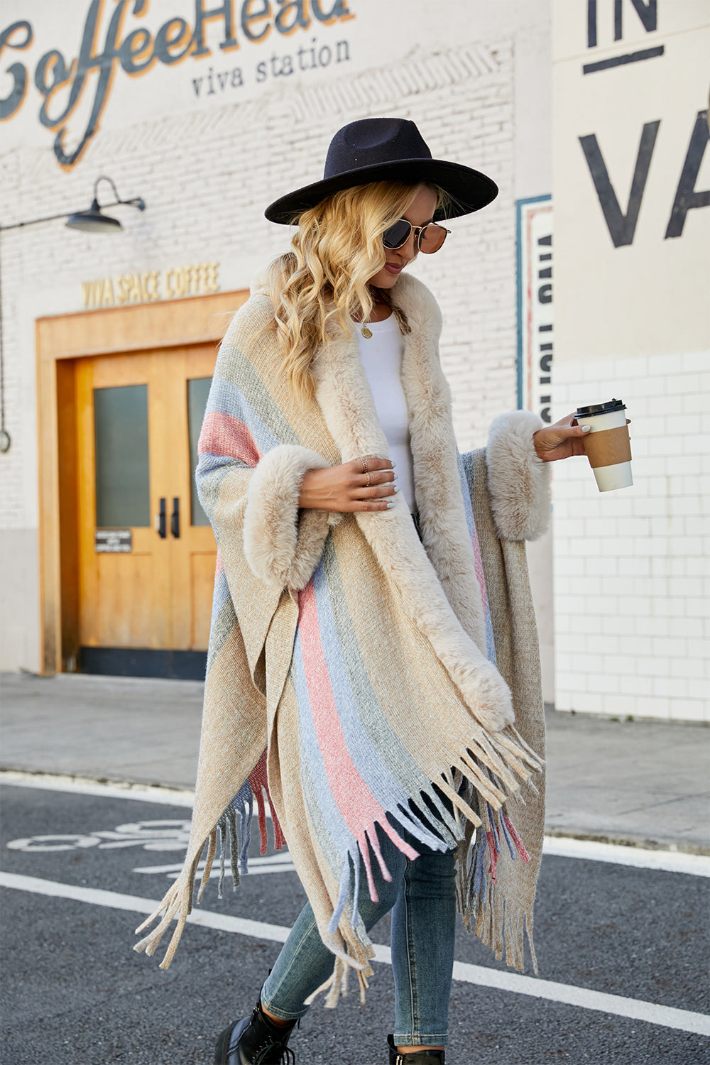 Fable Versailles — Color Block Fringe Detail Poncho, alternate view 3