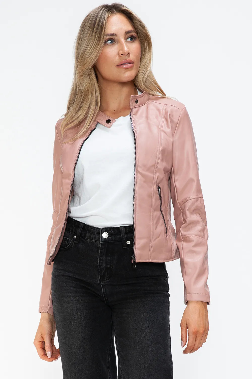 Rain Rosetti — Snobbish Faux Leather Zip Up Drawstring Hooded Jacket, alternate view 28