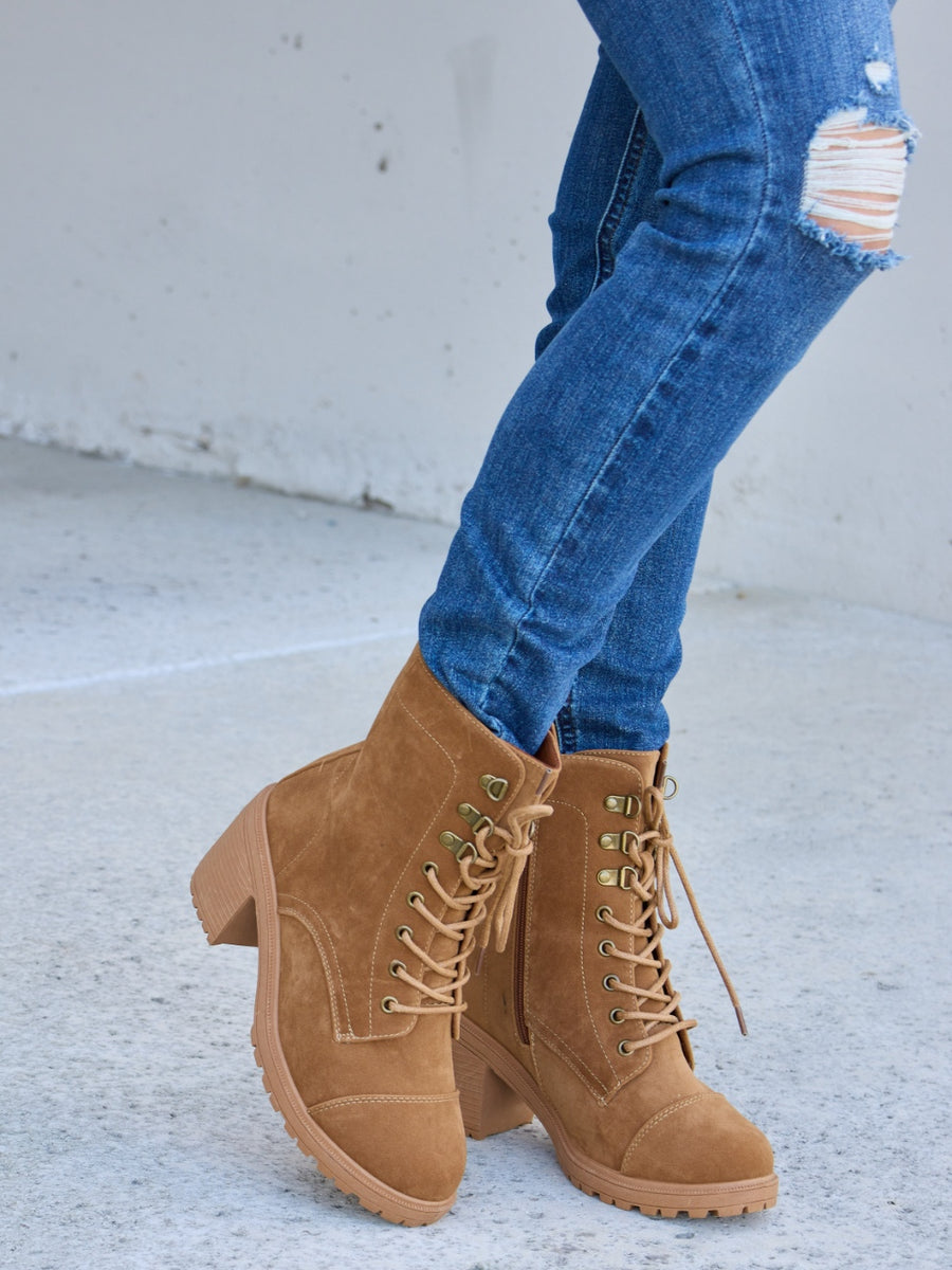 Forever Link Lace-Up Zipper Detail Block Heel Boots - Opulent Empire