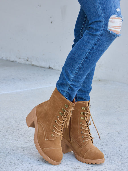 Forever Link Lace-Up Zipper Detail Block Heel Boots - Opulent Empire