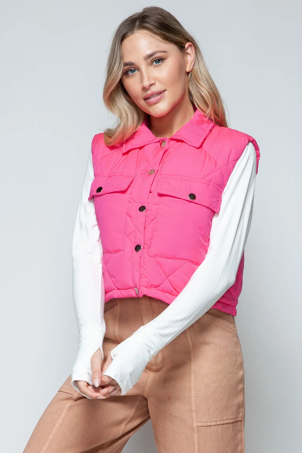 Perrin Rosetti — Snobbish Snap Down Quilted Crop Vest Hot Pink Coat or Jacket, alternate view 5