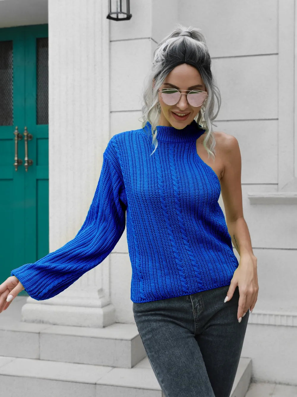 Sasha Valmont — Cable-Knit Round Neck Asymmetrical Sweater, alternate view 3