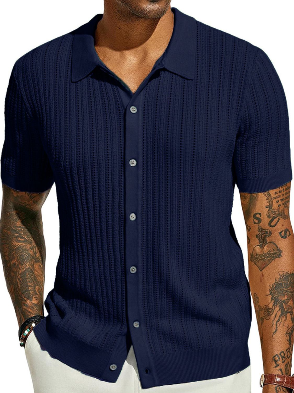 Yves — Men's Full Size Openwork Button Down Collared Neck Shirt Plus Size, alternate view 8