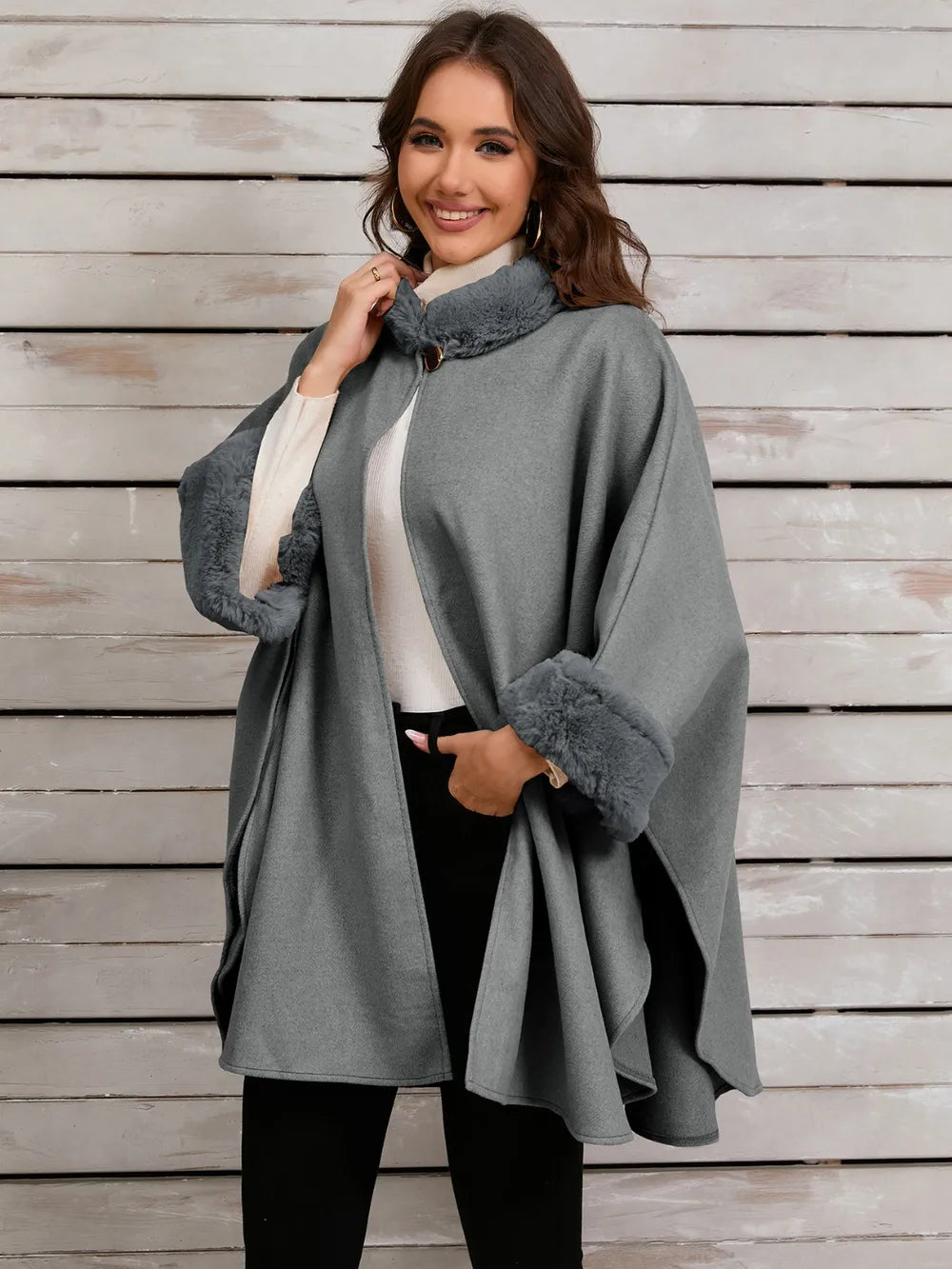Quinn Versailles — Fuzzy Trim Long Sleeve Poncho, alternate view 10