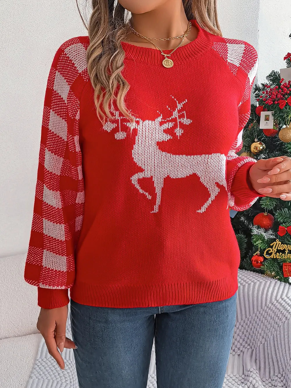 Zephyr Bellamy — Reindeer Plaid Round Neck Long Sleeve Sweater, alternate view 7