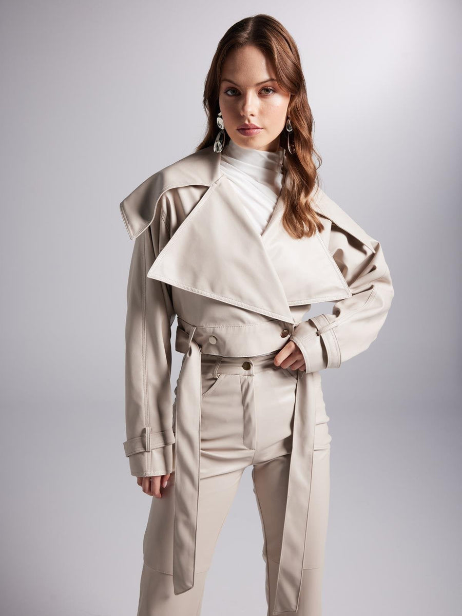 Neeko Beige Faux Leather Cropped Jacket-0