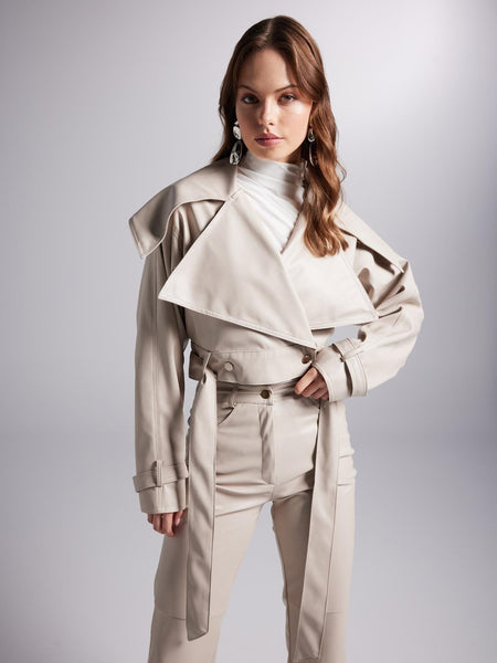 Neeko Beige Faux Leather Cropped Jacket-0