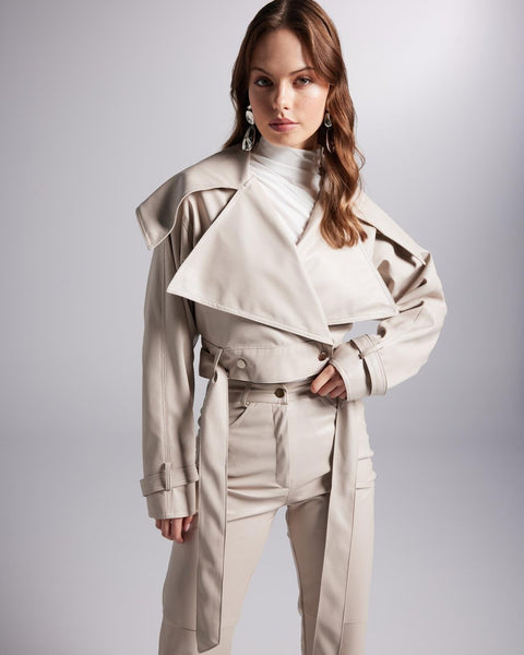 Neeko Beige Faux Leather Cropped Jacket-0