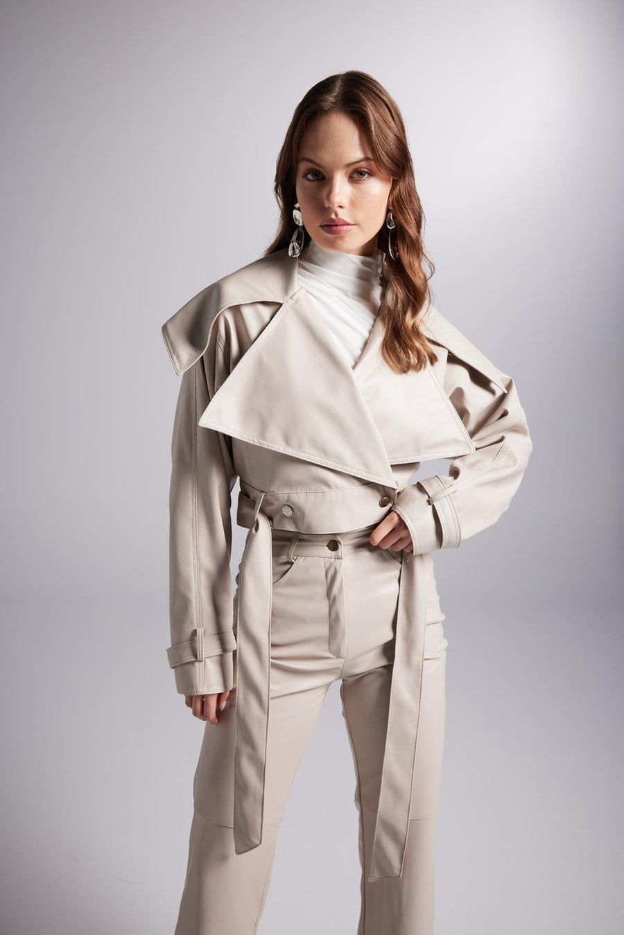 Neeko — Beige Faux Leather Cropped Jacket