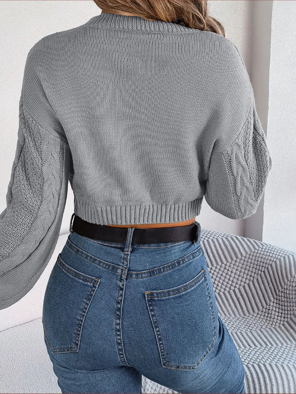 Paris Moreau — Cable-Knit Round Neck Cropped Sweater, alternate view 2