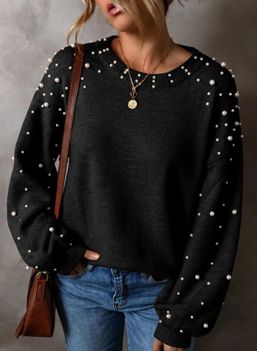 Aster Bellamy — Pearl Detail Round Neck Long Sleeve Sweater, alternate view 2