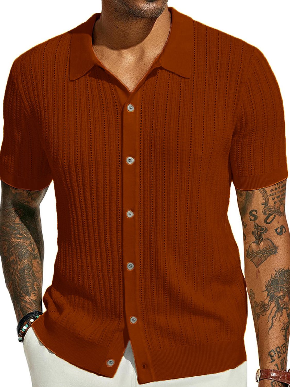 Yves — Men's Full Size Openwork Button Down Collared Neck Shirt Plus Size, alternate view 7