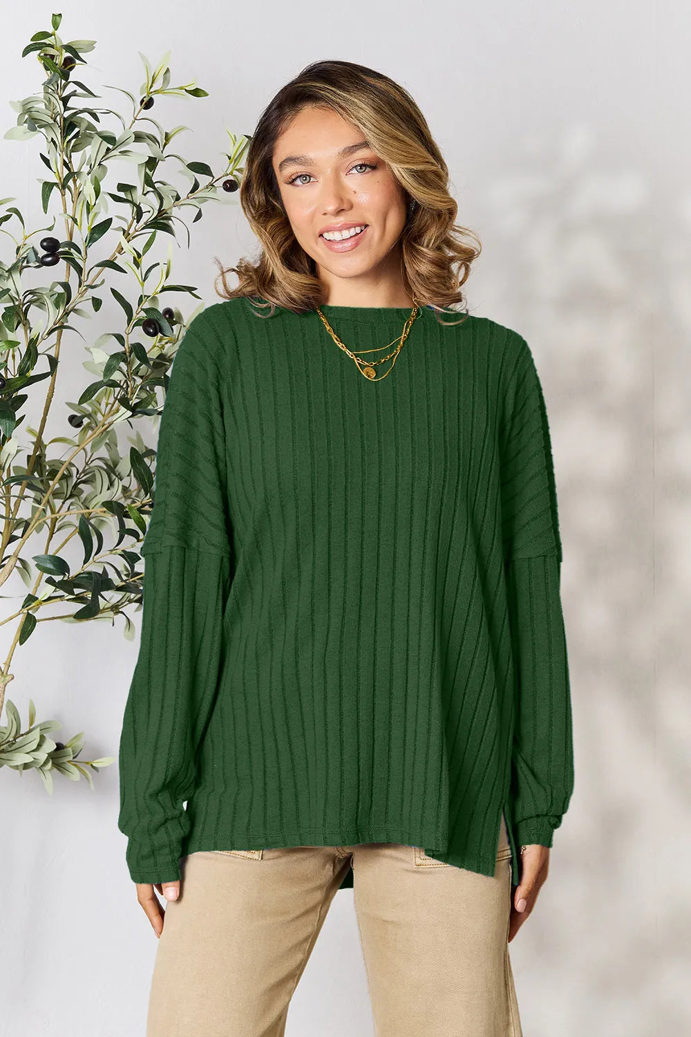 Vale Delacroix — Basic Bae Full Size Ribbed Round Neck Slit Knit Top, alternate view 28