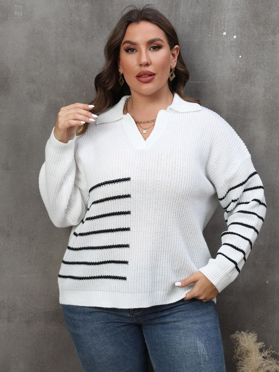 Quinn Moreau — Plus Size Striped V-Neck Sweater