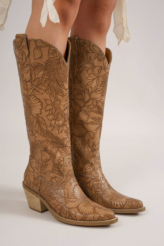 Beast Fashion Embossed Floral Point Toe Block Heel Boots - Opulent Empire