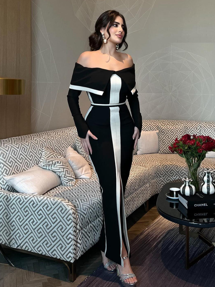 Wilhelmina Moreau — Stripes High Slit Bandage Maxi Dress