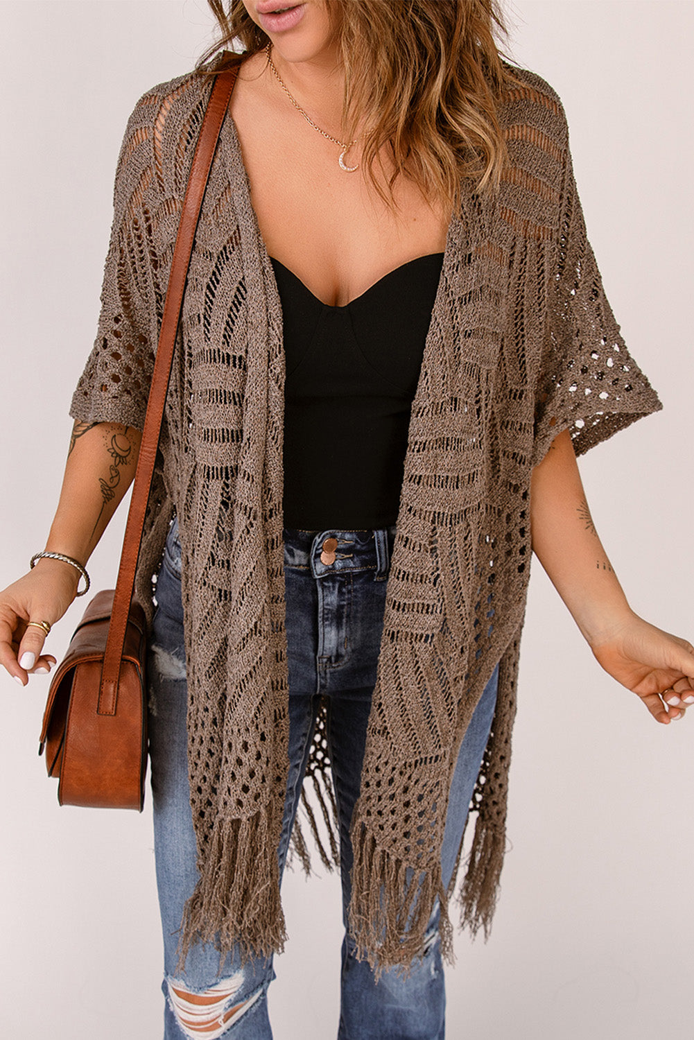 Indigo Versailles — Fringe Hem Slit Open Front Cardigan, alternate view 7