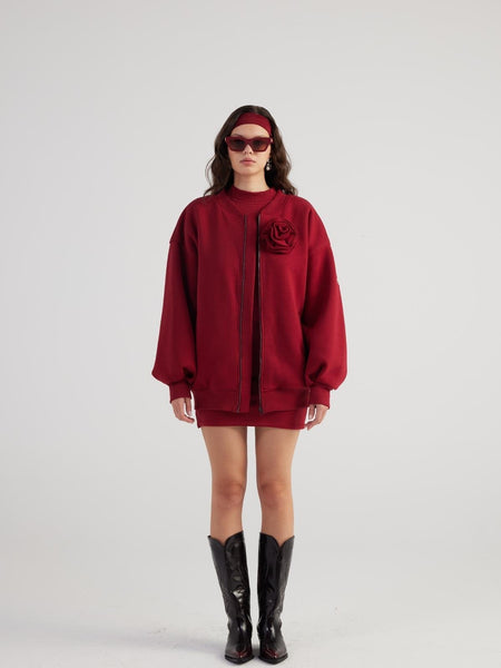 Alexa Burgundy Oversize Bomber Jacket with Removable Rose Accessory