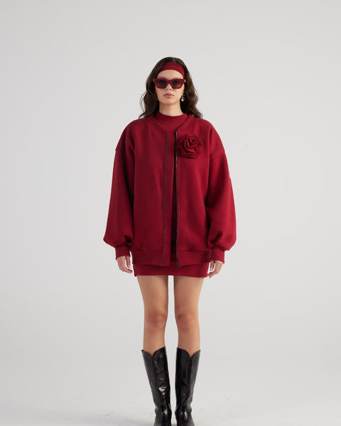 Alexa Burgundy Oversize Bomber Jacket with Removable Rose Accessory