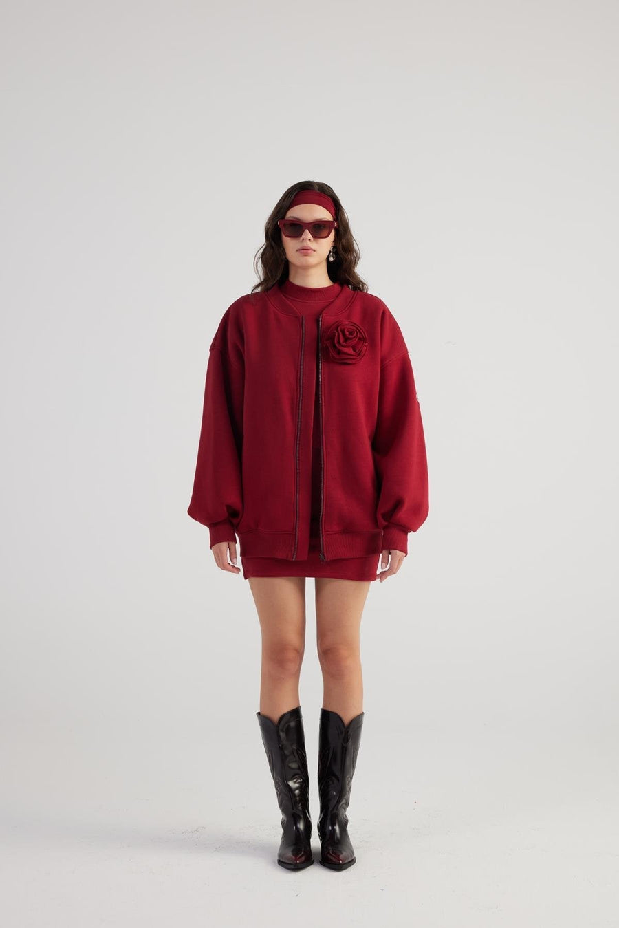 Alexa — Burgundy Oversize Bomber Jacket with Removable Rose Accessory, alternate view 2