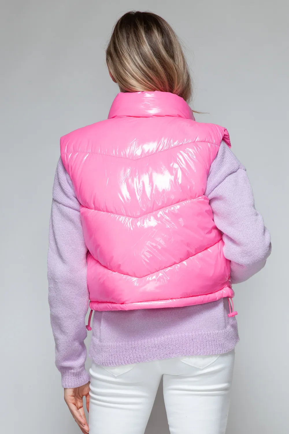 Fable Rosetti — Snobbish Zip Up Turtleneck Shiny Quilted Vest Hot Pink Sweater or Cardigan, alternate view 3