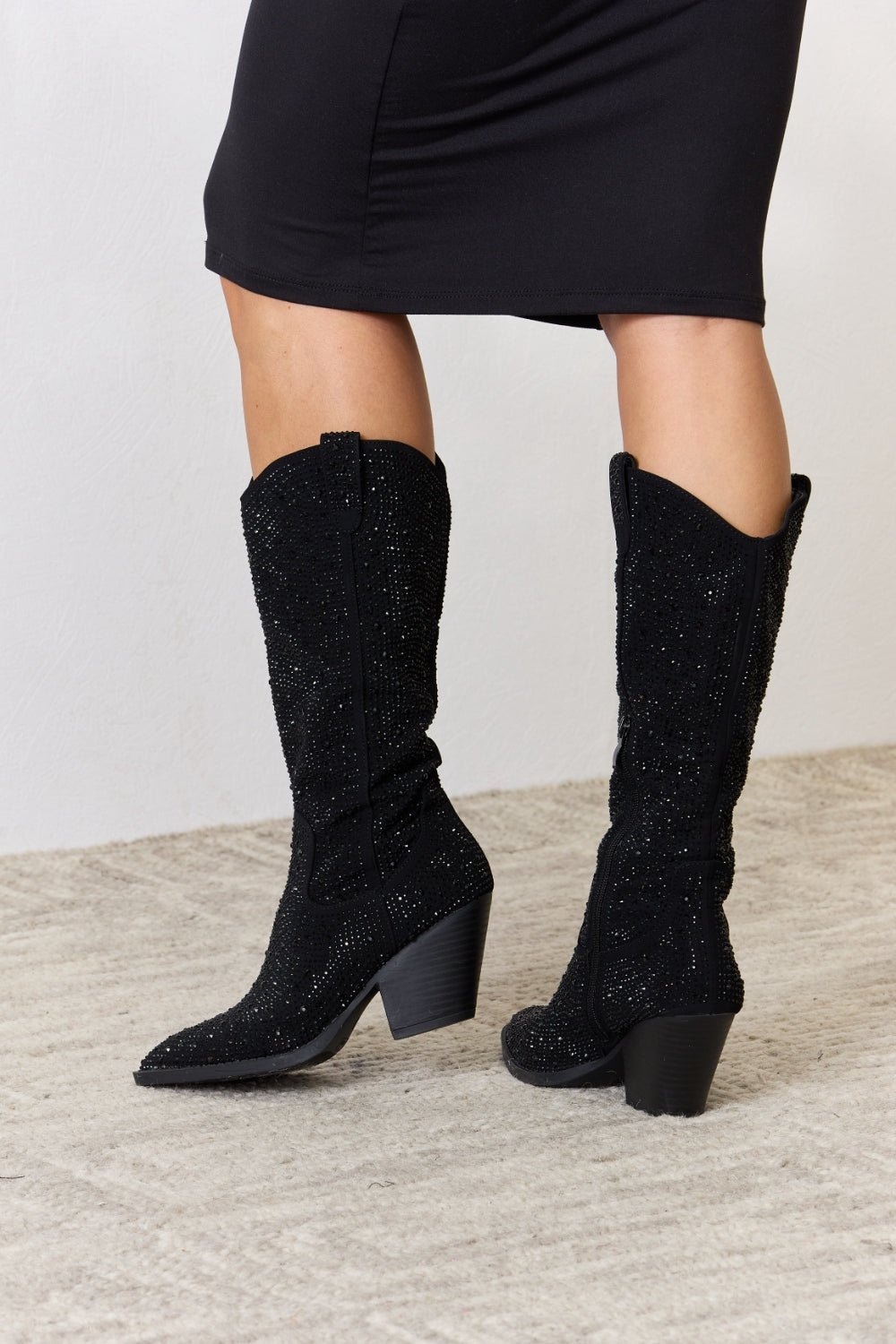 Lake Beaumont — Forever Link Rhinestone Knee High Cowboy Boots Black Fashion Footwear, alternate view 7