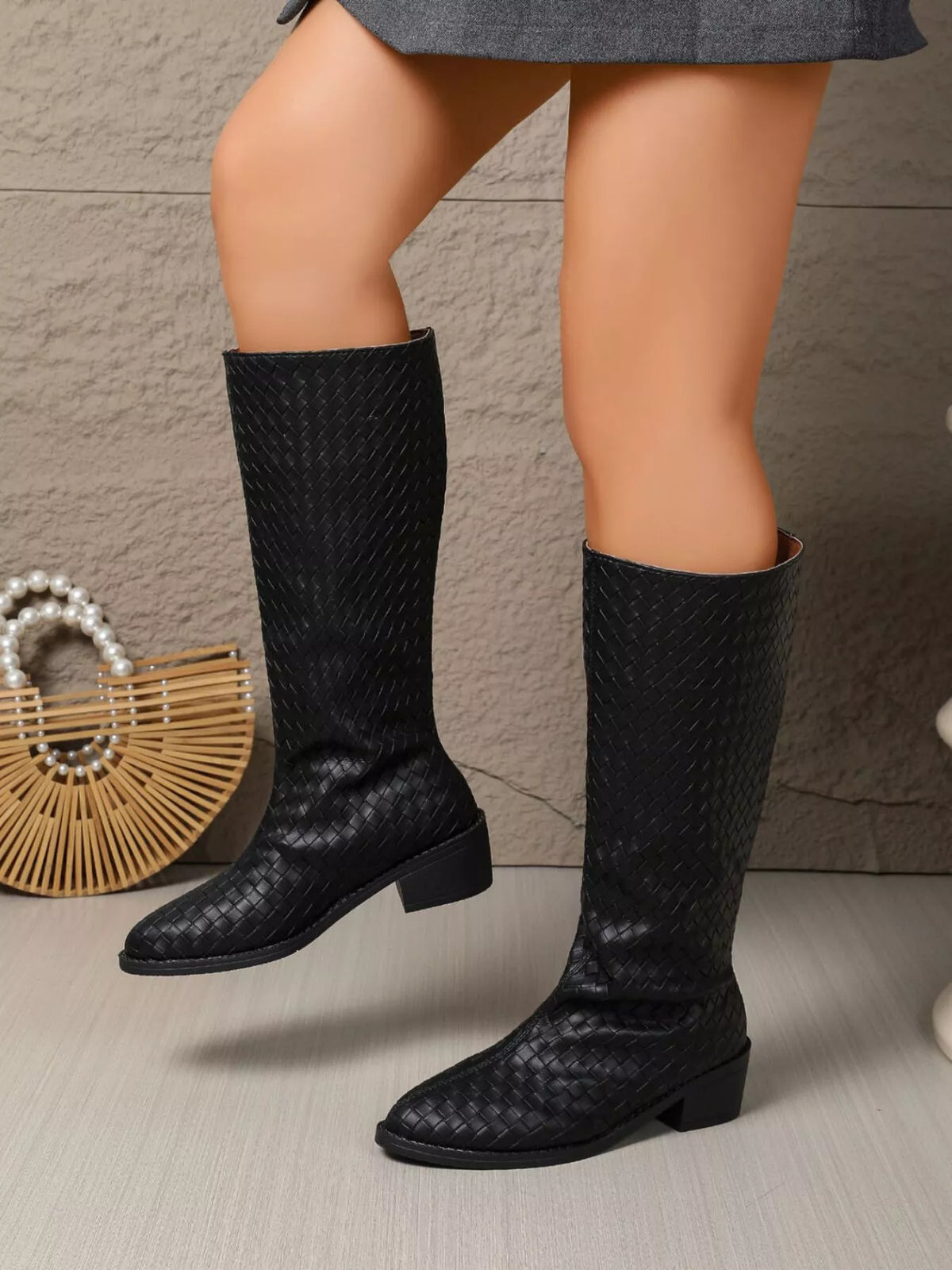 Zephyr Marino — Woven Textured Block Heels Boots Black Fashion Footwear, alternate view 5