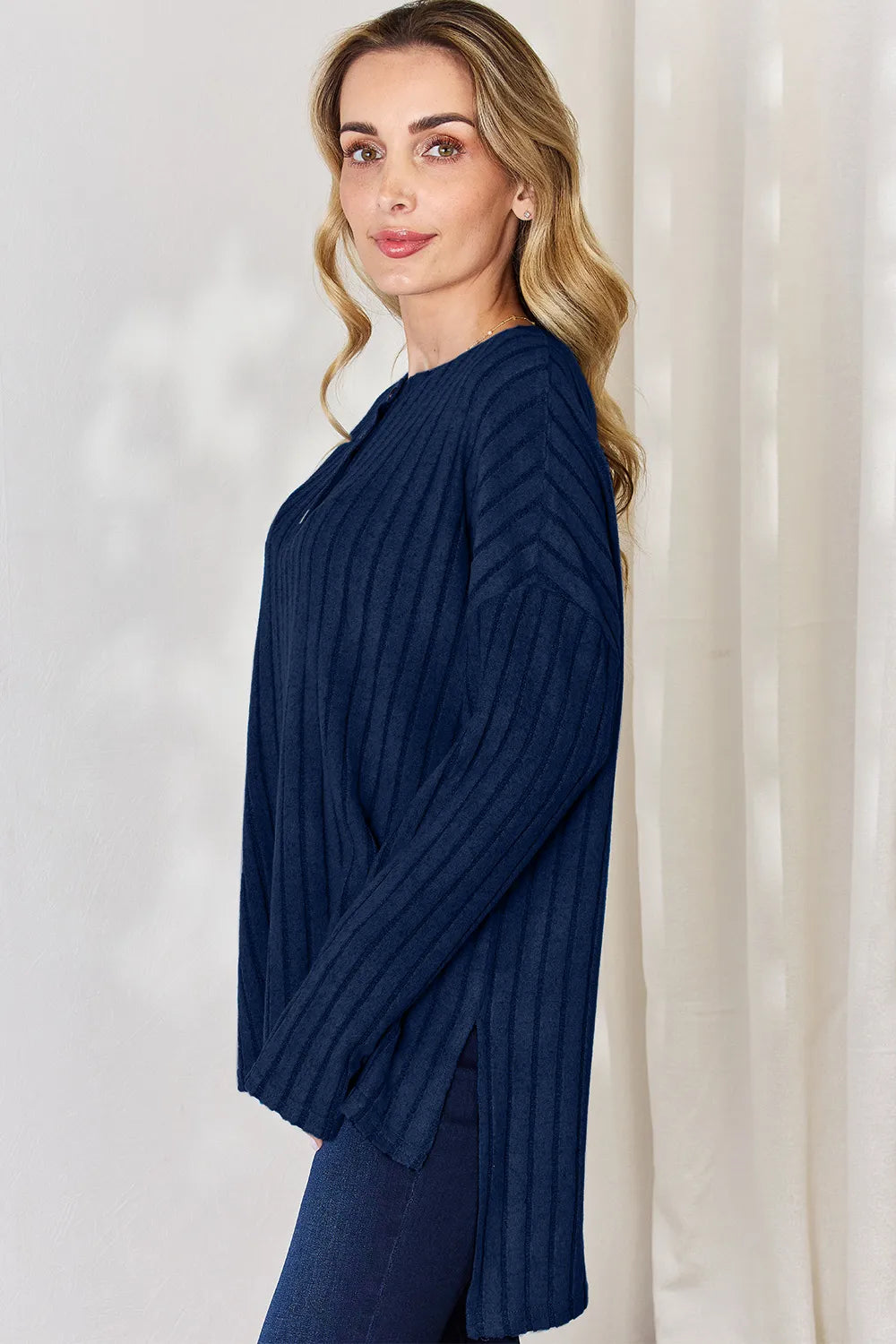 Noa Rousseau — Basic Bae Full Size Ribbed Half Button Long Sleeve High-Low T-Shirt, alternate view 30