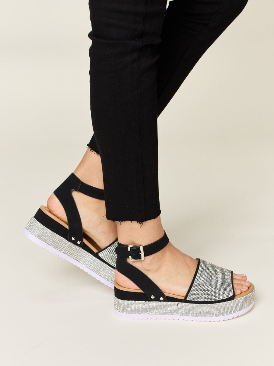 Forever Link Rhinestone Buckle Strappy Wedge Sandals - Opulent Empire