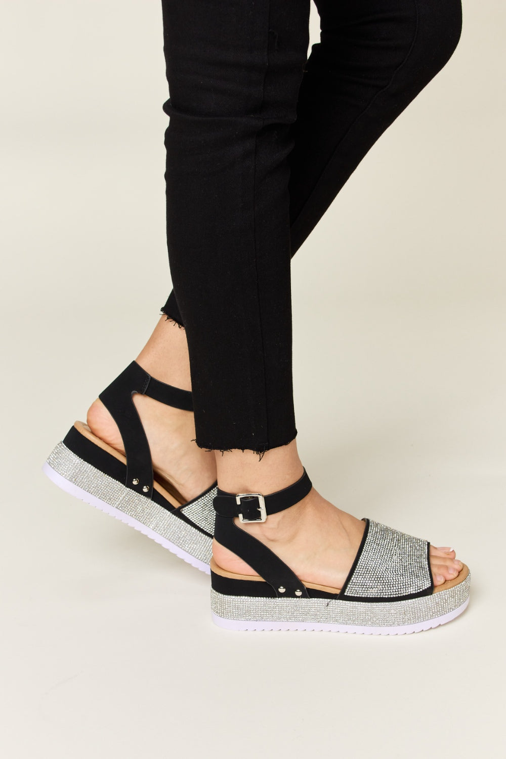 Reese Montclair — Forever Link Rhinestone Buckle Strappy Wedge Sandals Black Fashion Footwear, alternate view 5