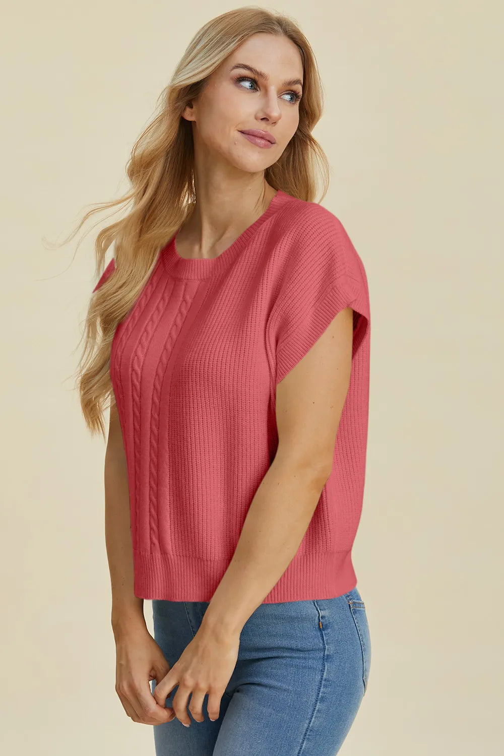 Quinn Fontaine — Double Take Full Size Cable-Knit Round Neck Short Sleeve Sweater, alternate view 15