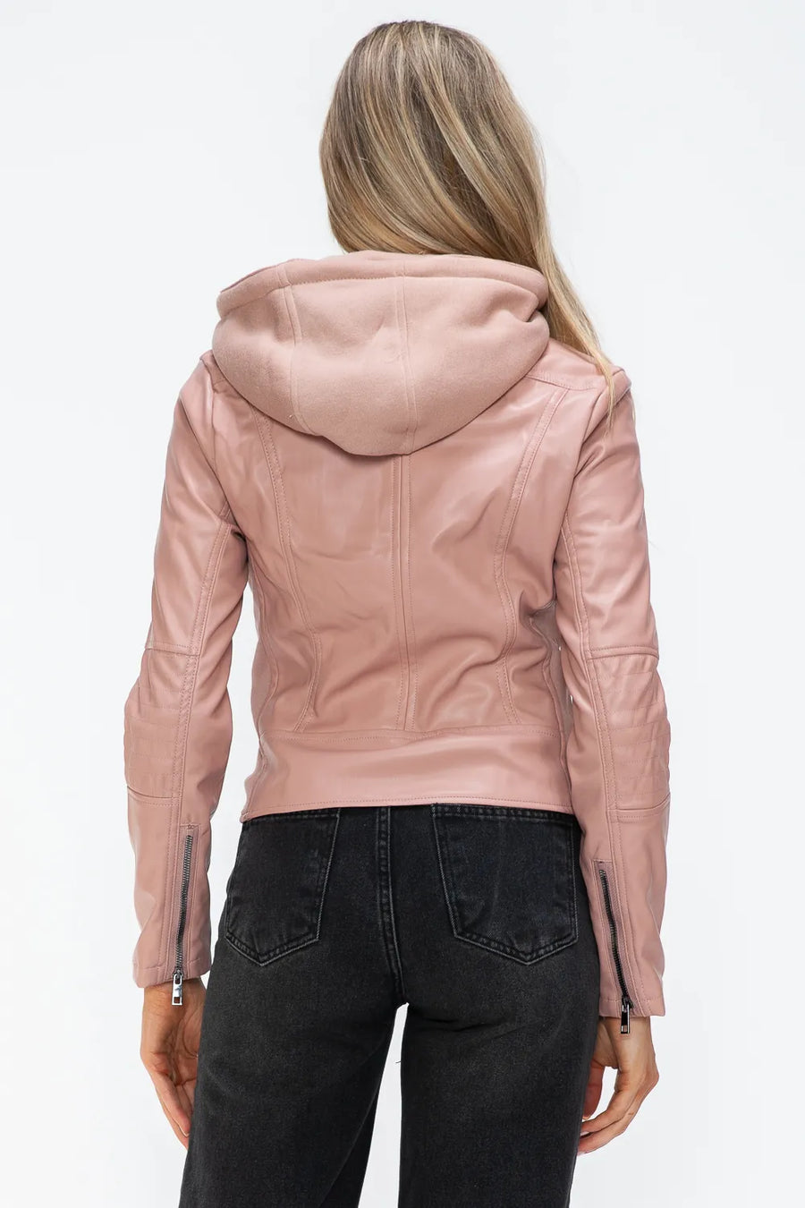 Rain Rosetti — Snobbish Faux Leather Zip Up Drawstring Hooded Jacket, alternate view 2