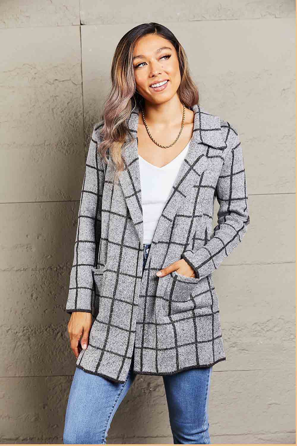 Wren Moreau — Printed Open Front Lapel Collar Cardigan with Pockets, alternate view 7