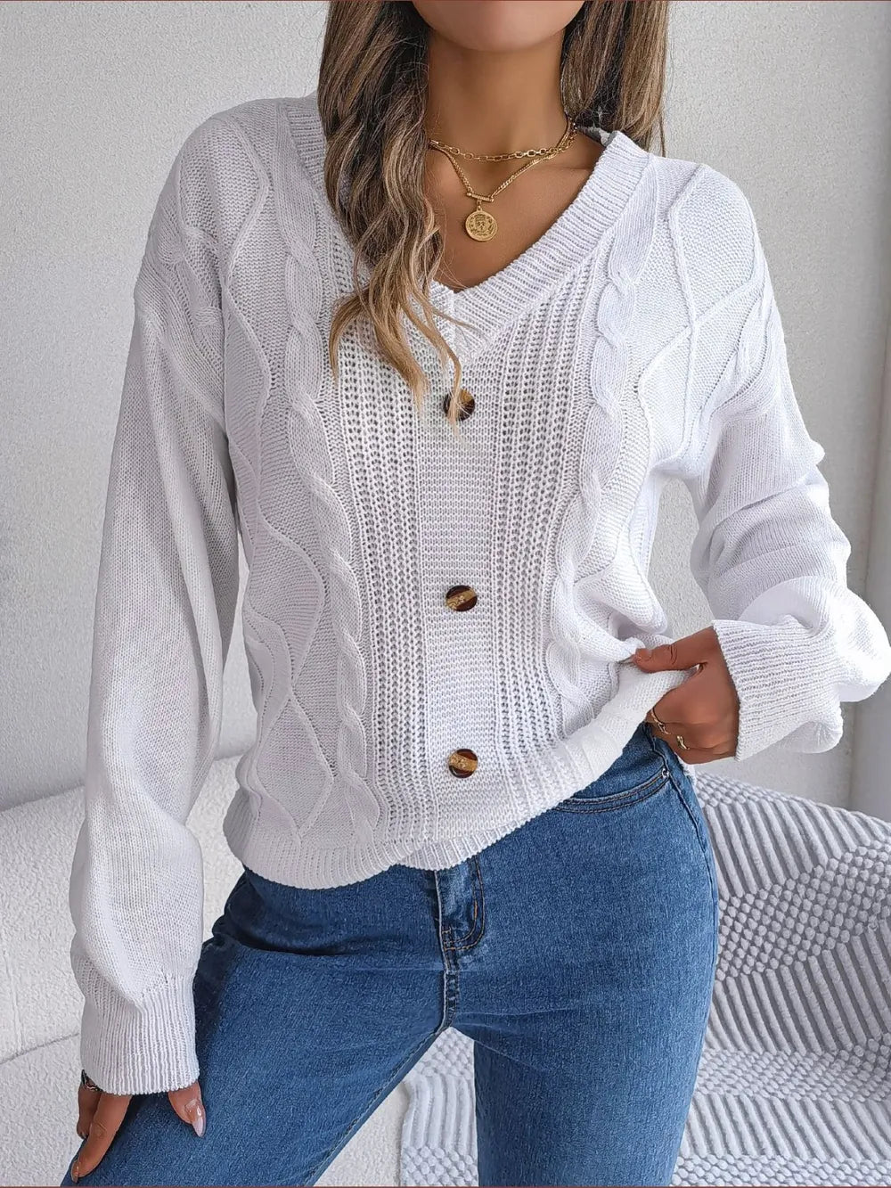 Quinn Rivière — Cable-Knit Buttoned V-Neck Sweater, alternate view 4