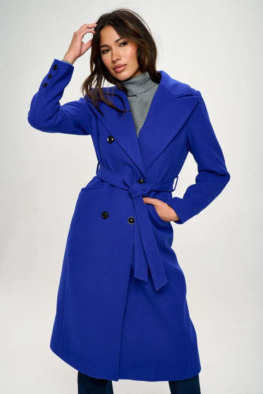Onyx Saint-Clair — Coalition LA Double-Breasted Longline Coat with Belt