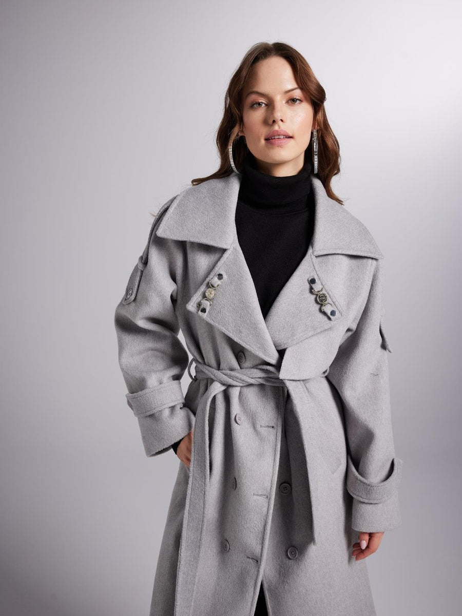Accessorized Wool Blended Cashmere Maxi Woody Grey Coat