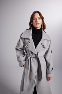 Zinnia Rivière — Accessorized Wool Blended Cashmere Maxi Woody Grey Coat