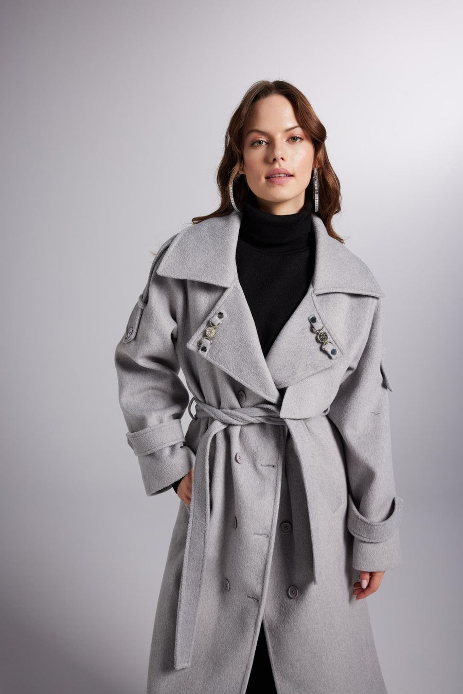 Zinnia Rivière — Accessorized Wool Blended Cashmere Maxi Woody Grey Coat