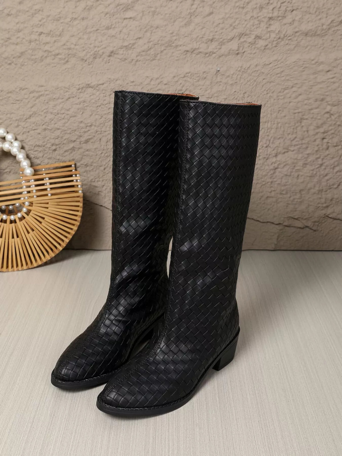 Zephyr Marino — Woven Textured Block Heels Boots Black Fashion Footwear, alternate view 4