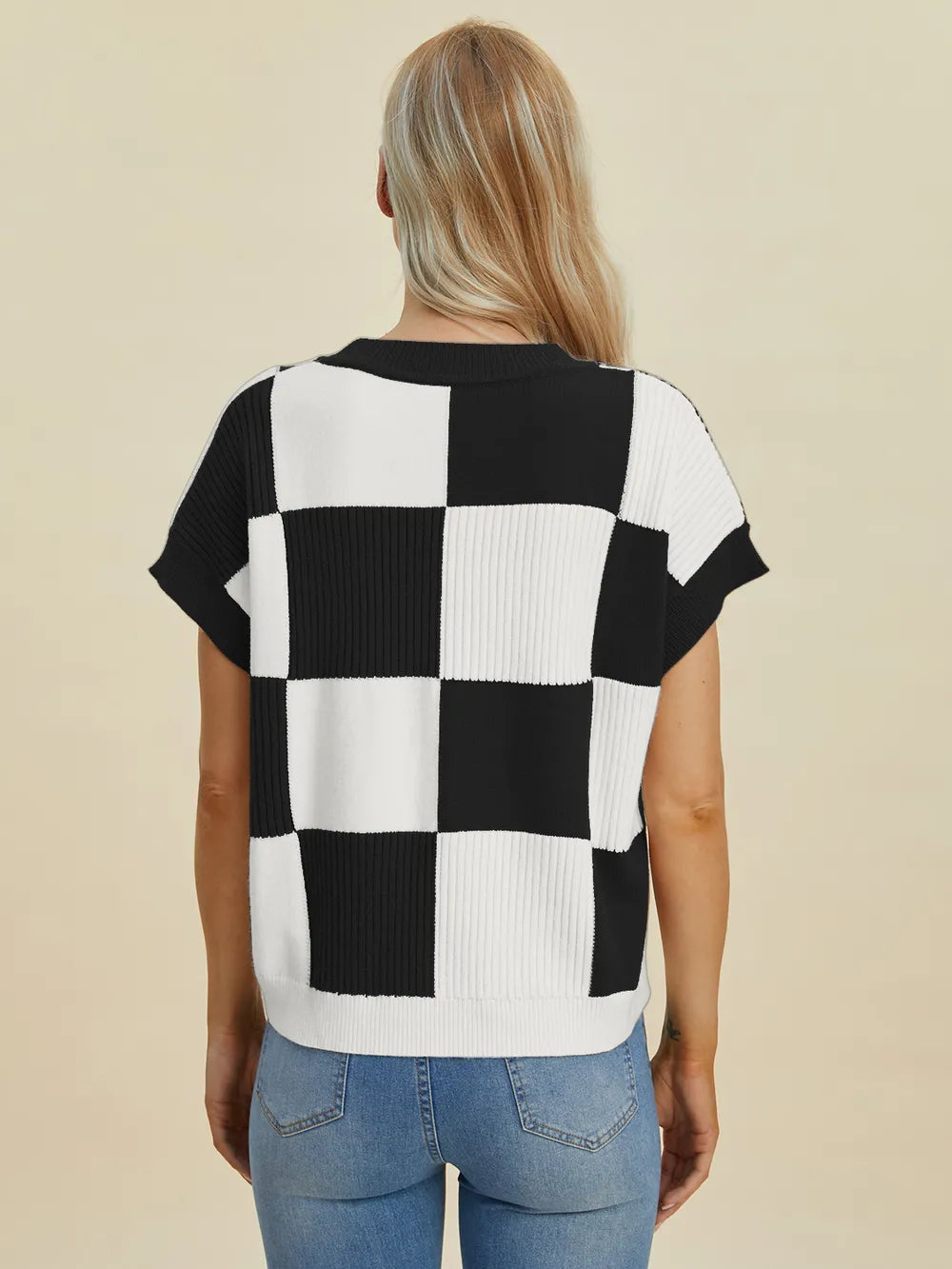 Cove Delacroix — Double Take Full Size Checkered Round Neck Short Sleeve Sweater, alternate view 5