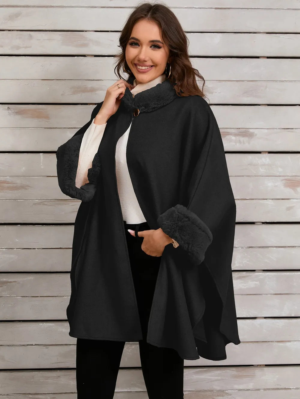 Quinn Versailles — Fuzzy Trim Long Sleeve Poncho, alternate view 17