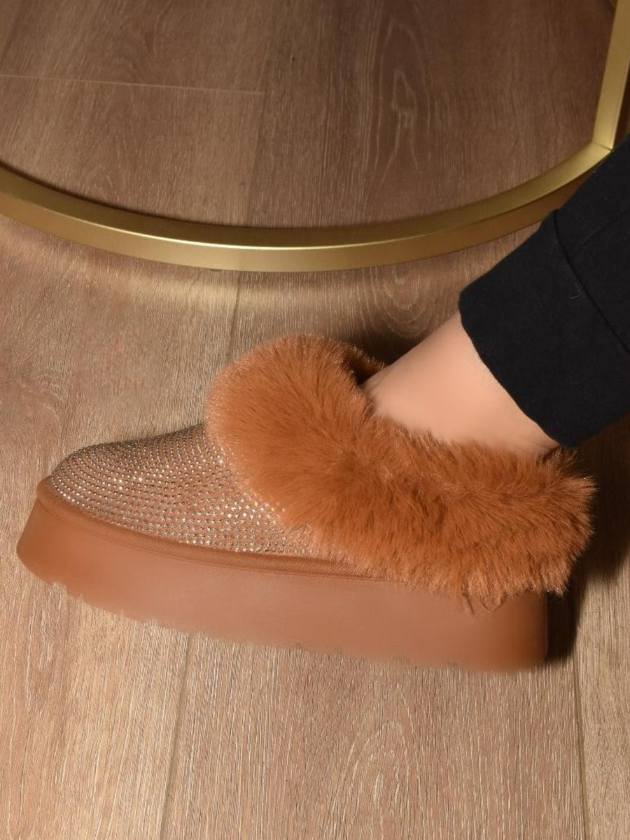 Rain Beaumont — WILD DIVA Embellished Faux Fur Platform Booties Chestnut Fashion Footwear