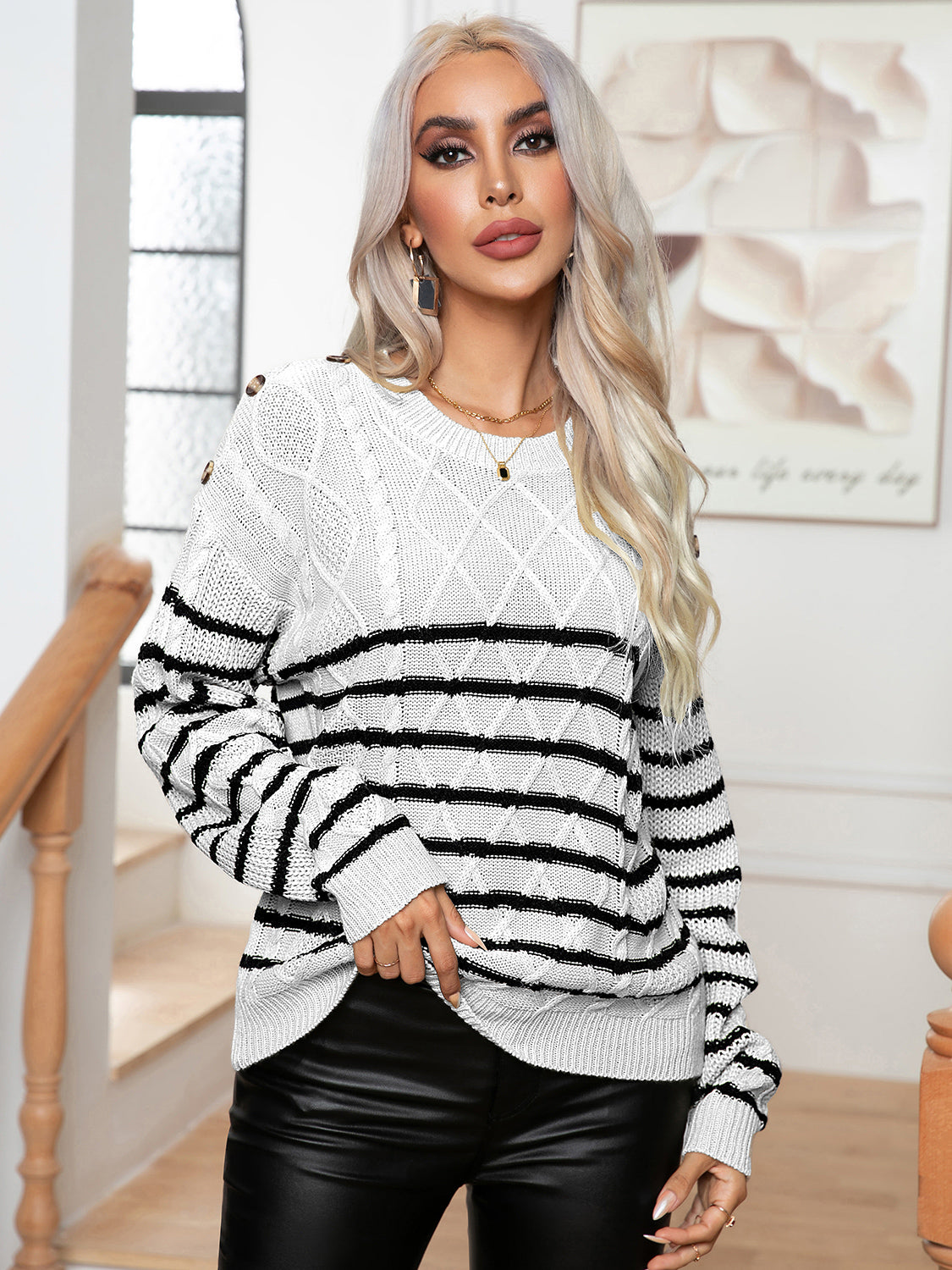 Indigo Bellamy — Striped Round Neck Cable-Knit Sweater, alternate view 5