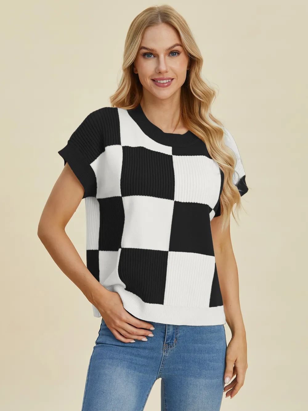 Cove Delacroix — Double Take Full Size Checkered Round Neck Short Sleeve Sweater, alternate view 2