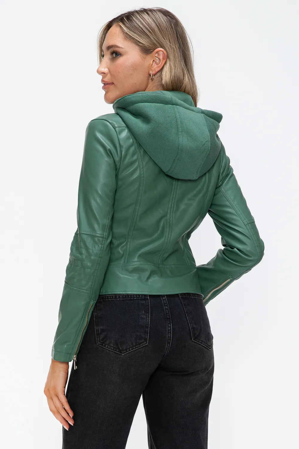 Winter Rosetti — Snobbish Faux Leather Zip Up Drawstring Hooded Jacket, alternate view 3